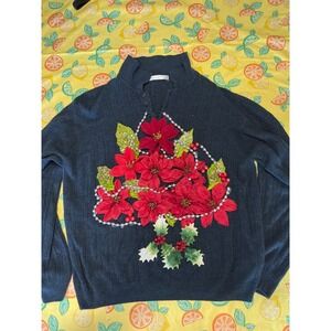 Christmas Womens Geoffrey Beene Poinsettia Sweater XL Black